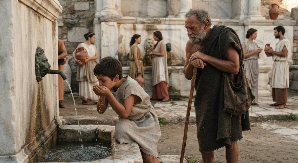 An old, bearded man watches intently as a young boy drinks water from a public spring using his cupped hands.