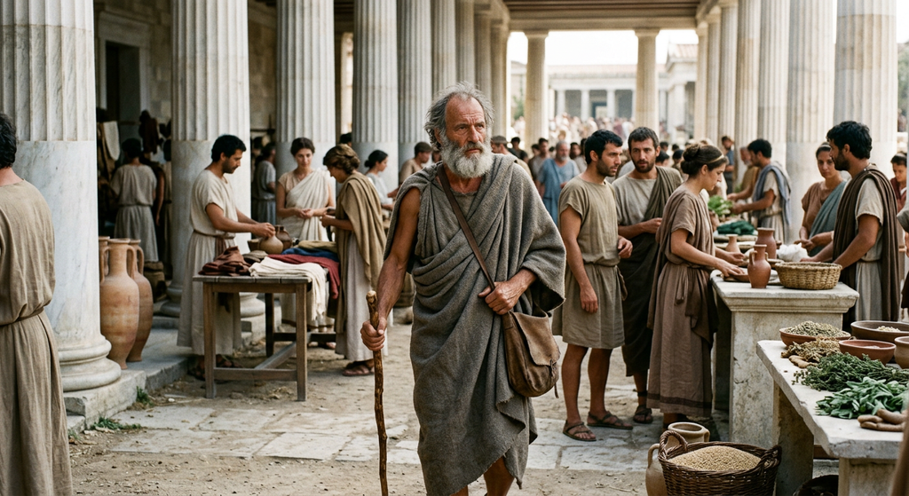 Merchants trade at stone stalls beneath tall marble colonnades in a busy, sun-drenched Athenian agora.