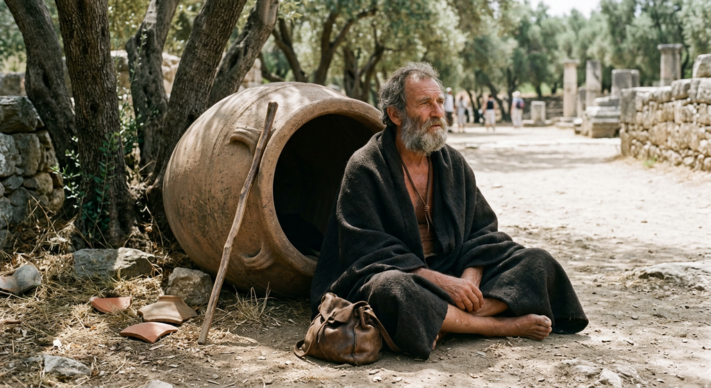 A large, empty clay storage jar lies on its side in the dirt near gnarled olive trees in a quiet outdoor space.