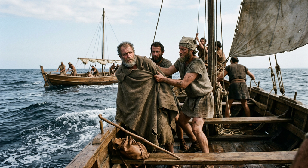 A wooden merchant ship is pursued by smaller, aggressive pirate vessels across choppy Mediterranean waters.
