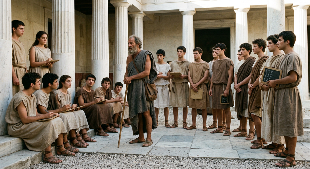 Young students gather in a sunlit marble courtyard in Corinth to listen to an unseen speaker.