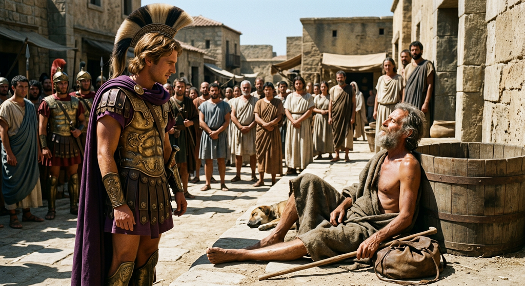 A figure in ornate military armor stands tall before a man sitting on the ground in a sun-drenched outdoor square.