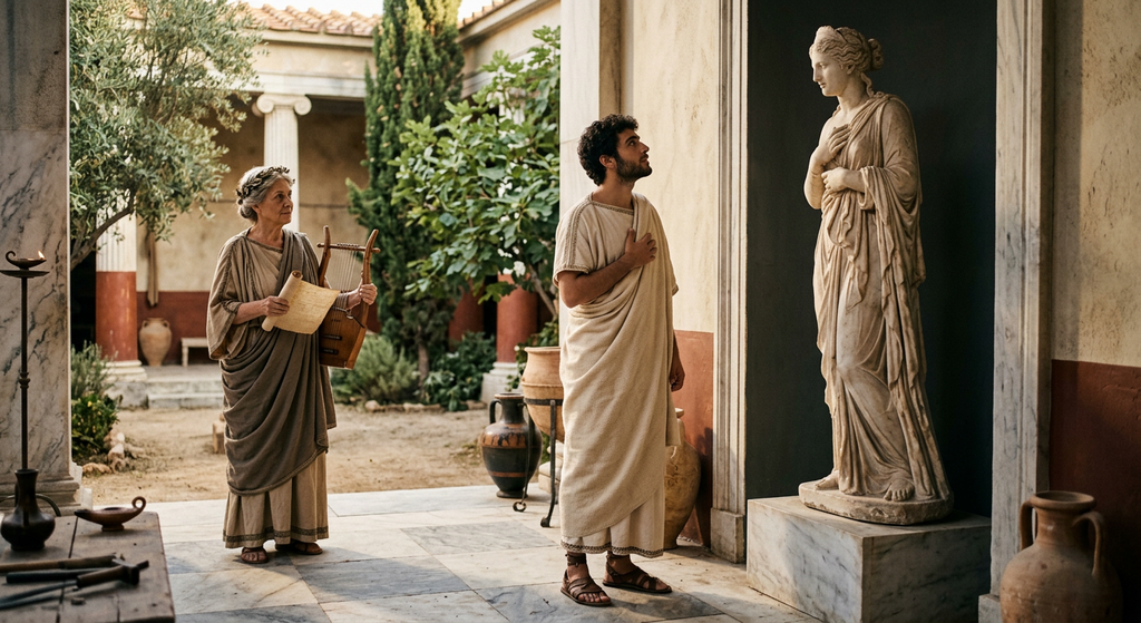 A young Athenian man stands in a sunlit courtyard, gazing at a marble statue.