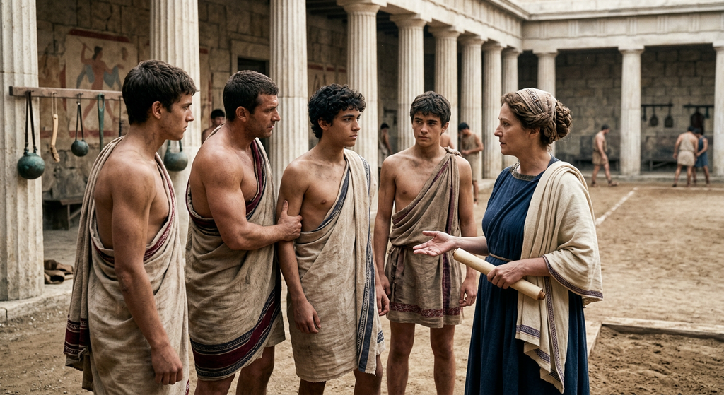 Athletes exercise in an open-air ancient Greek palaestra surrounded by stone columns.