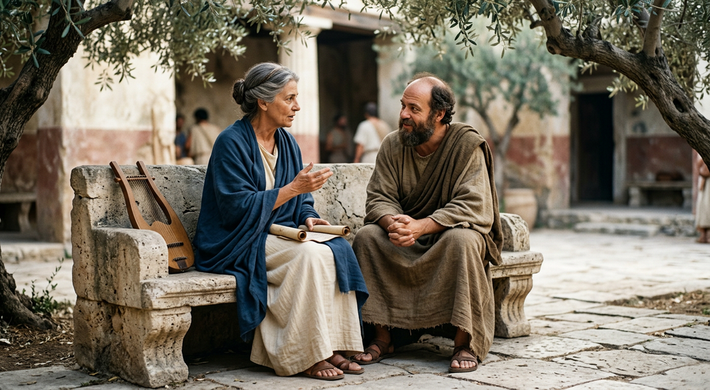 Two philosophers converse while sitting on a stone bench under an olive tree.