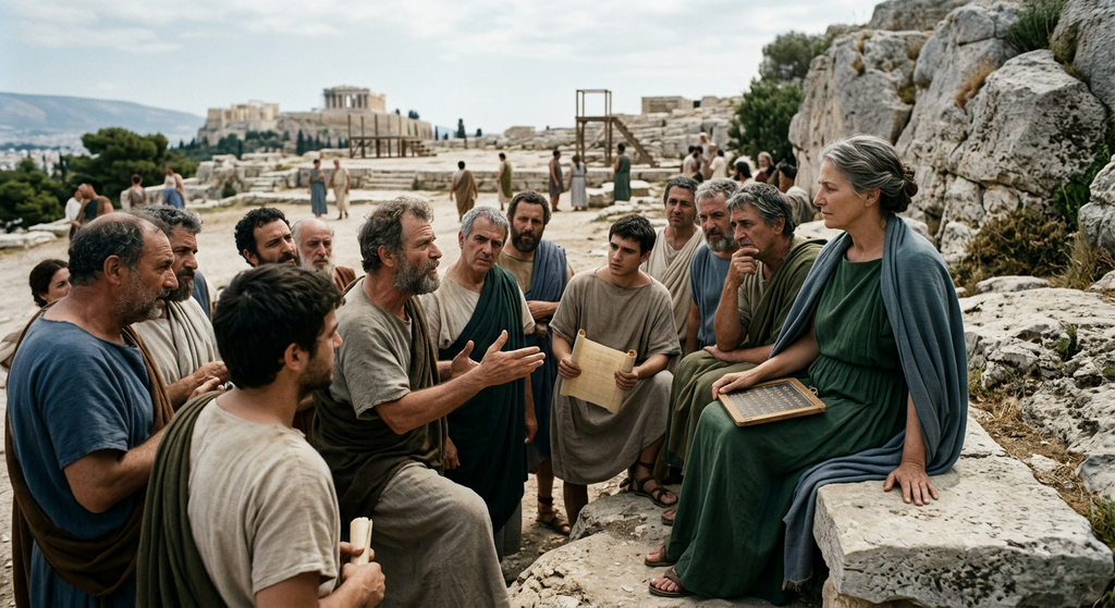 Citizens gather on the stone slopes of the Athenian Pnyx to converse and listen.