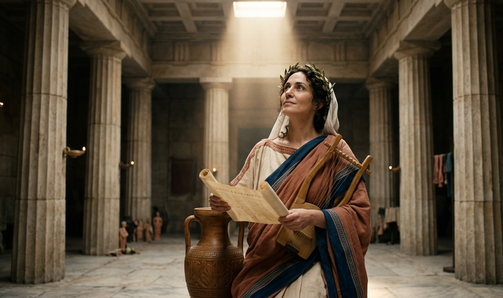 A priestess clad in white robes looks upward toward sunlight in a stone temple.