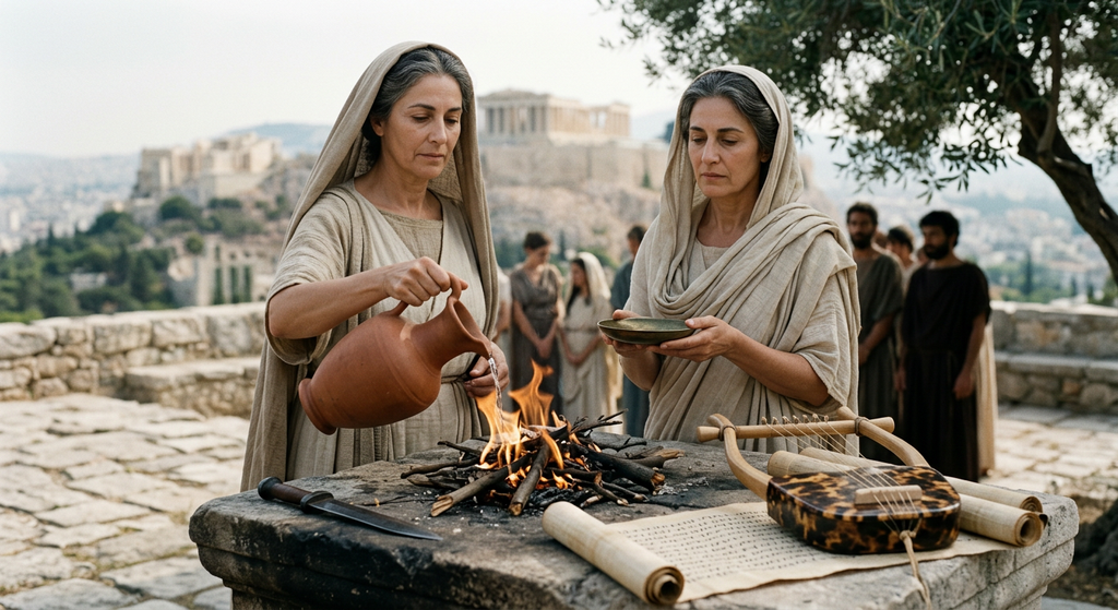 An ancient Greek priestess in traditional robes stands beside a stone altar during a ritual sacrifice.