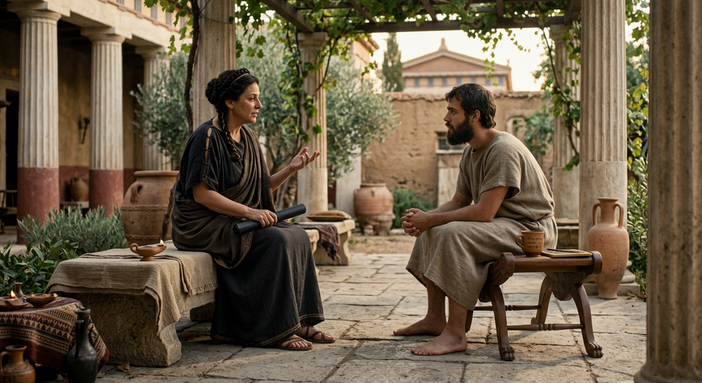 A young Socrates sits on a stone bench in a courtyard, listening attentively to a priestess.