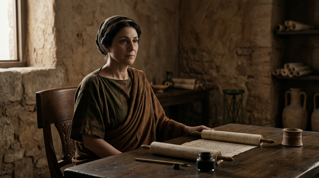 An unrolled parchment scroll lies on a wooden table beside a small terracotta inkwell.