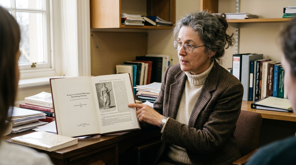 An open academic book displaying pages on ancient philosophy rests on a desk.