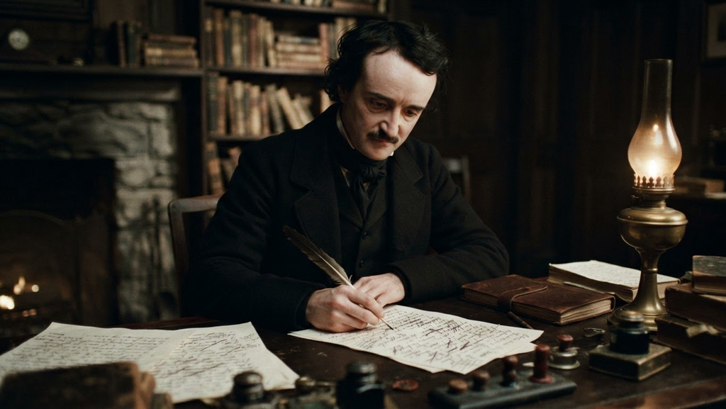 An oil lamp illuminates handwritten manuscripts covered in dense, crossed-out notes on a mahogany desk.