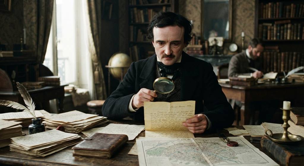 A man uses a magnifying glass to examine yellowed letters and maps spread across a cluttered salon table.