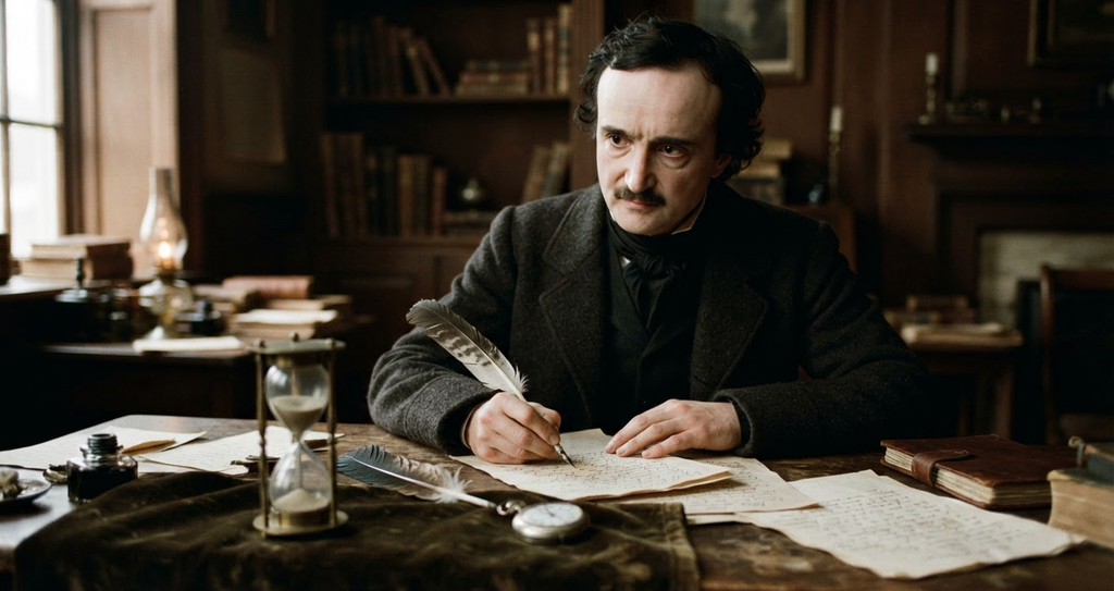 A brass hourglass, an ink-stained quill, and a pocket watch rest on a velvet cloth.