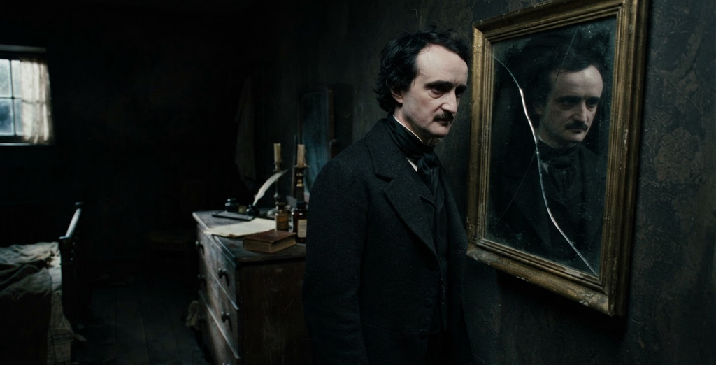 A man's silhouette is reflected in a cracked mirror inside a dimly lit Victorian bedroom.