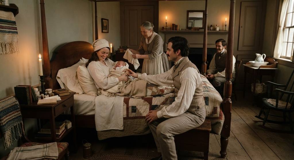 A newborn infant lies in a wooden cradle inside a warm, candlelit Boston townhouse room while family members watch.