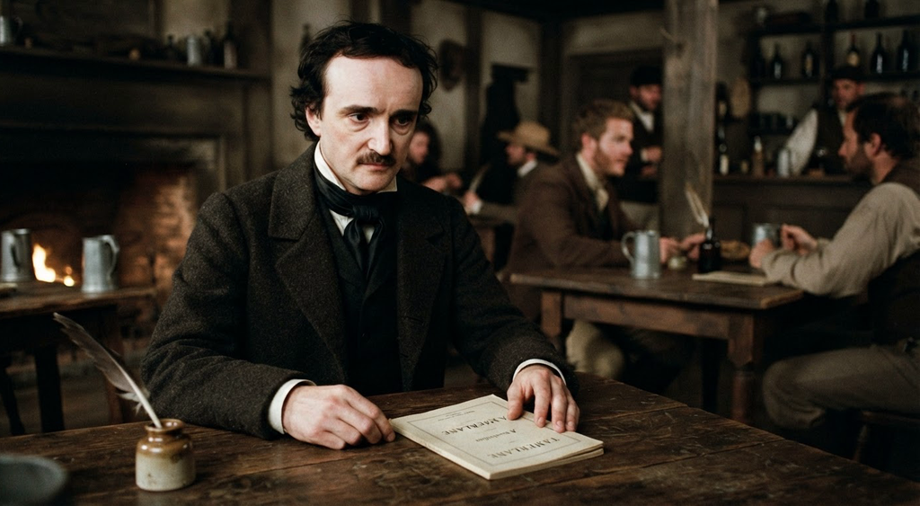 A slim, hand-bound pamphlet rests on a dark wooden tavern table in a dimly lit room.