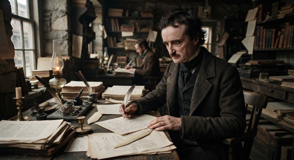 A cluttered editorial desk is covered in loose galley proofs, inkwells, and pens in a 19th-century office.