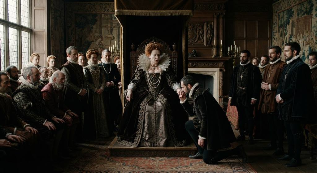 Elizabeth I meets with foreign envoys in the Privy Chamber to conduct state diplomacy.
