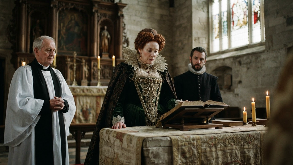 The Book of Common Prayer lies open on a Renaissance church altar.