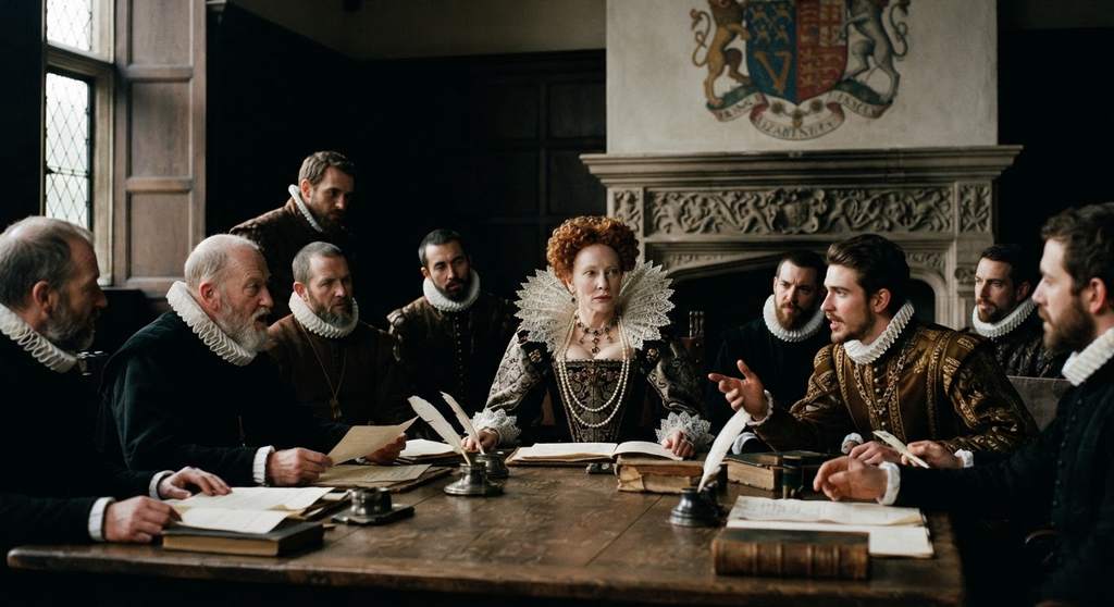 The Privy Council sits around an oak table debating beneath a carved royal coat of arms.