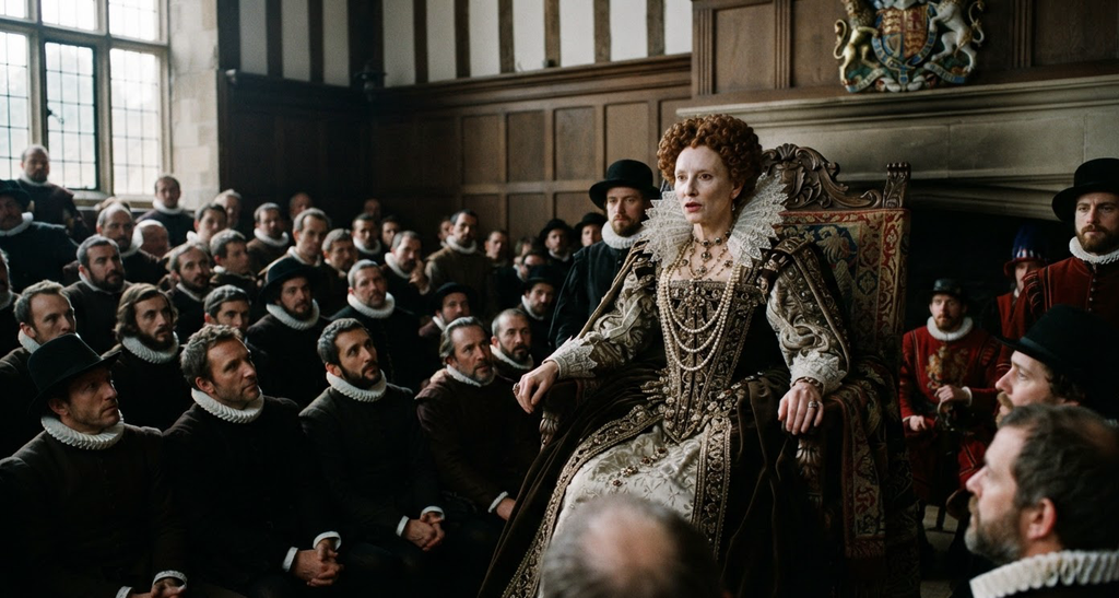 Elizabeth I sits upon the throne, addressing members of Parliament in a formal chamber.