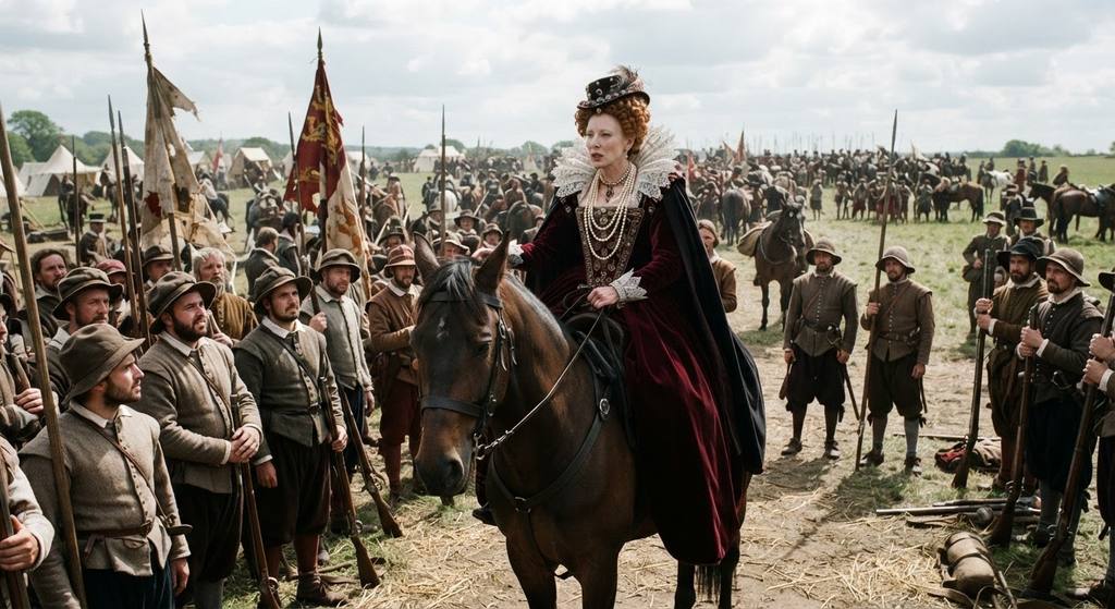 Elizabeth I, dressed in velvet, sits on horseback while addressing her army.