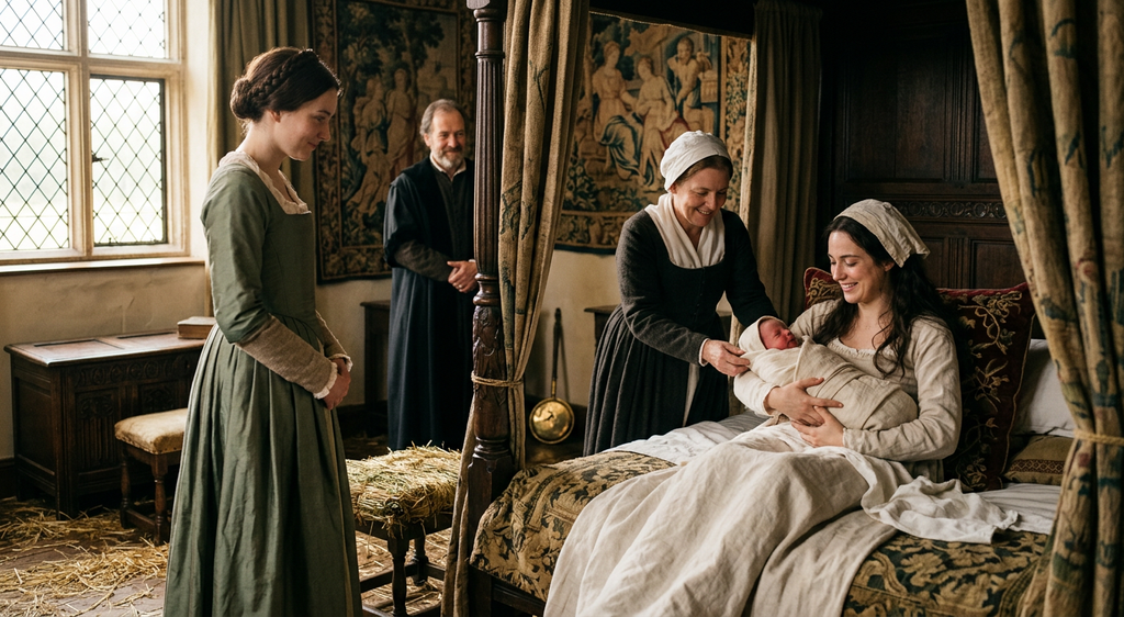 A newborn infant is cradled by family members in a sunlit room at Greenwich Palace during the sixteenth century.
