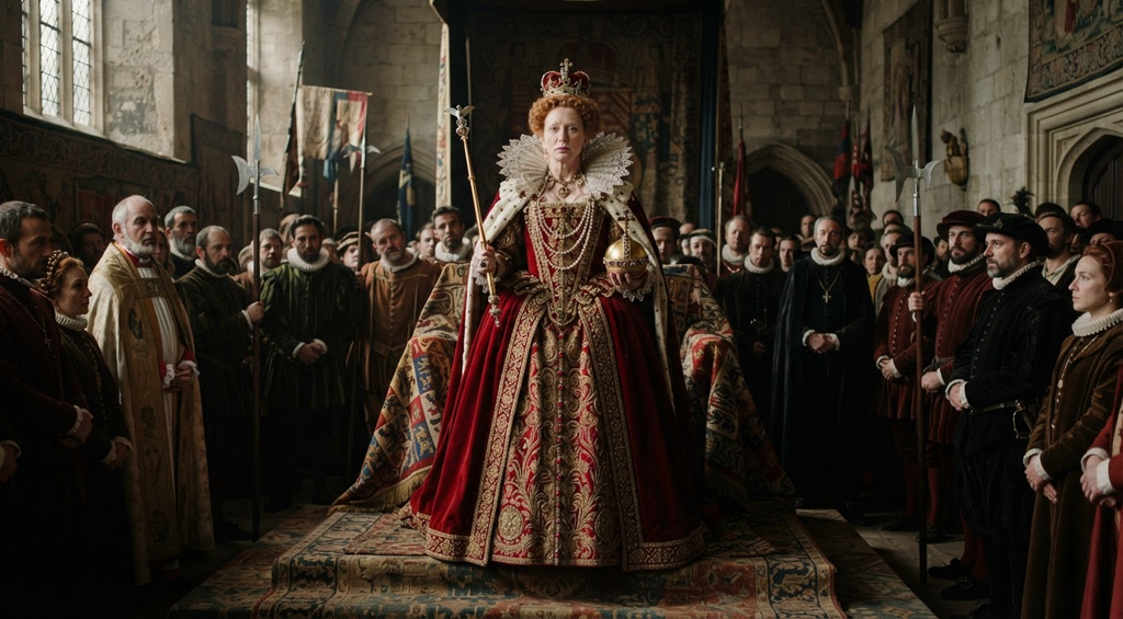 Elizabeth I stands in a grand hall wearing coronation robes and holding the royal orb and scepter.