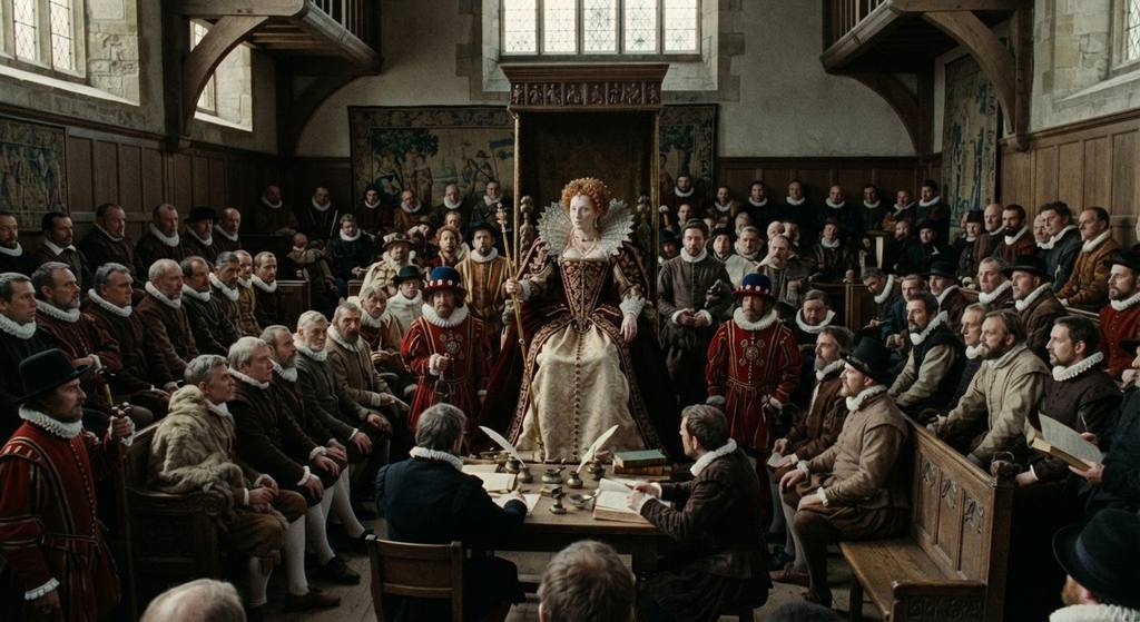 Members of Parliament sit in a formal, wood-paneled hall during an Elizabethan legislative session.