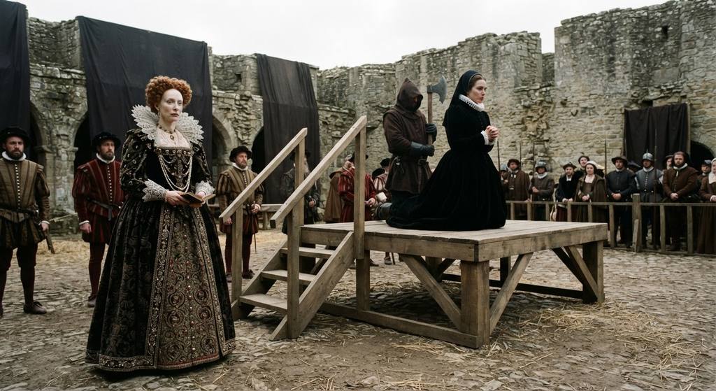 The stone courtyard of Fotheringhay Castle stands silent and empty under a grey sky.