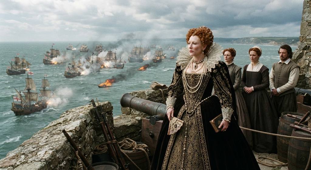 English galleons engage in battle on dark, choppy waters as fire ships drift among them.