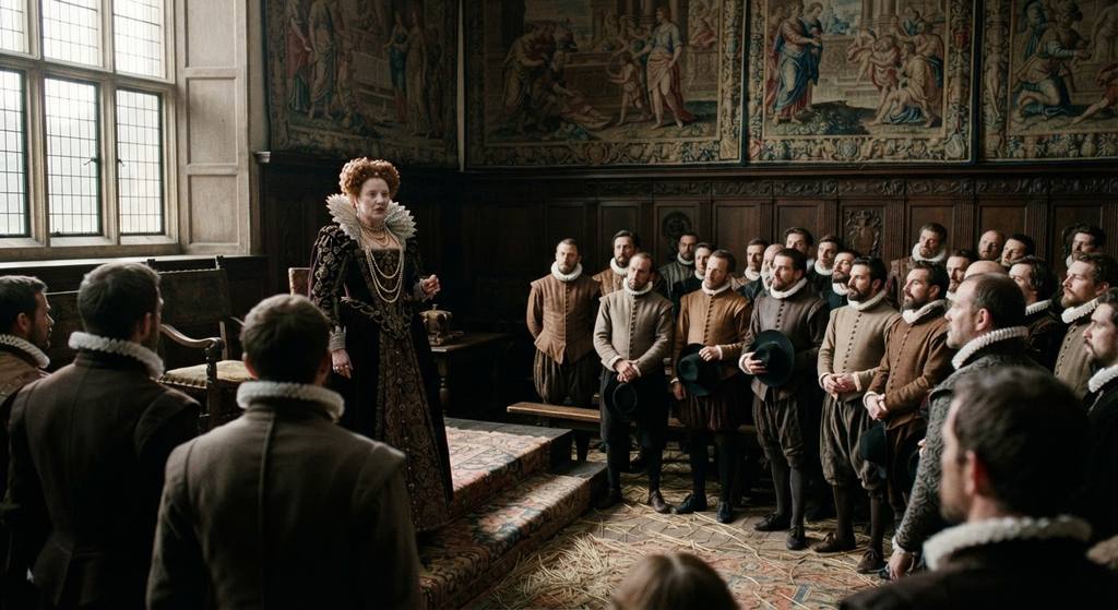 Elizabeth I stands in the tapestry-lined Privy Chamber at Whitehall Palace.