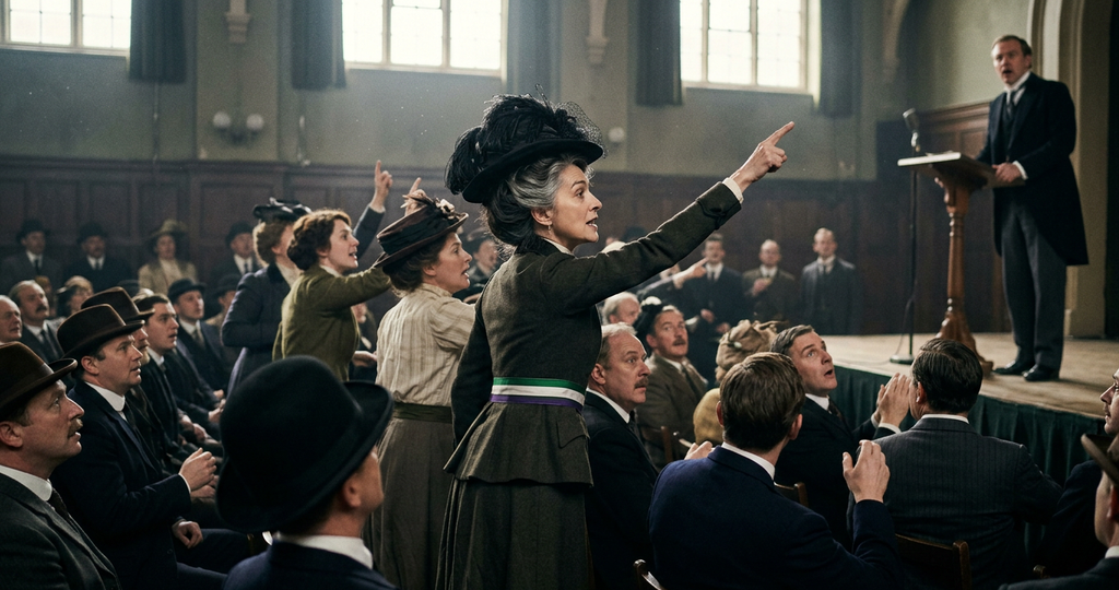 Edwardian women stand up in a crowded political hall and point directly at a speaker on stage.