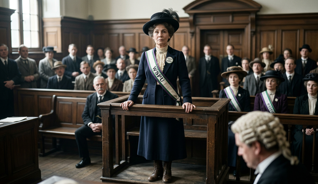 Emmeline Pankhurst in elegant Edwardian attire stands inside a wooden courtroom dock.