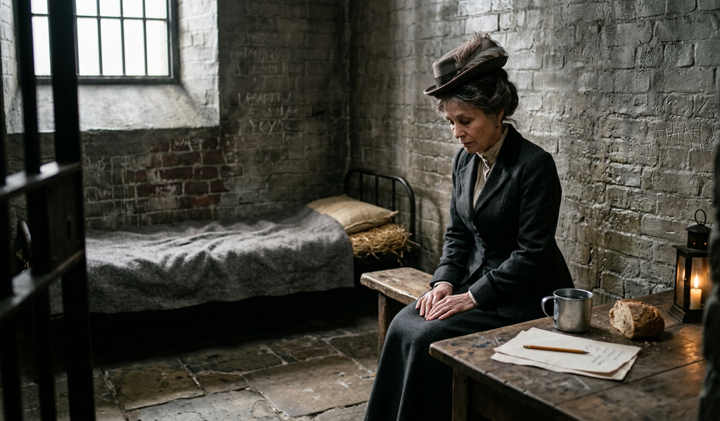 Emmeline Pankhurst sits inside a sparse prison cell with a simple iron bed and a small barred window.