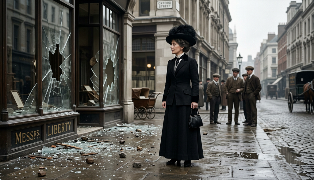 Emmeline Pankhurst walks past broken storefront windows and stones scattered across a London street pavement.