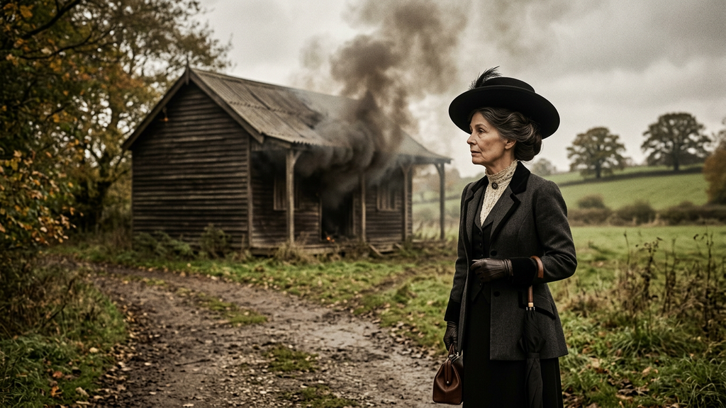 Suffragettes watch as smoke rises from an empty wooden sports pavilion in the British countryside.