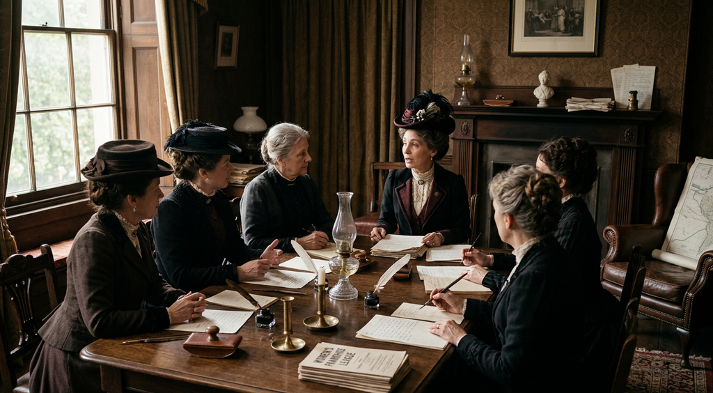 Emmeline Pankhurst sits at a wooden table with a group of Victorian women gathered to discuss political strategy.