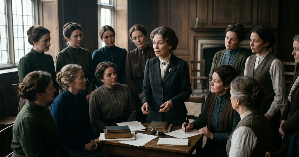 Emmeline Pankhurst stands among women wearing high-collared blouses in an Edwardian meeting hall.