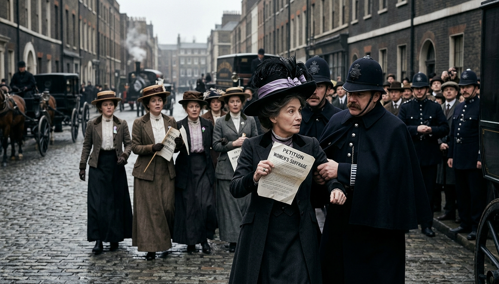 Police officers confront Emmeline Pankhurst as she holds a written petition on a London street.