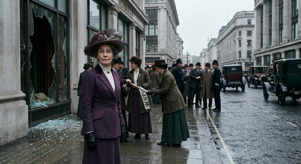 Emmeline Pankhurst and suffragettes stand near shattered glass scattered across a London pavement outside a store.