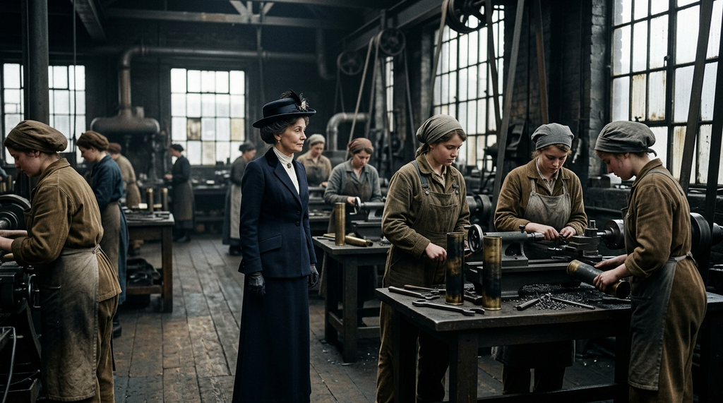 Emmeline Pankhurst stands alongside female workers inside a British munitions factory during World War I.