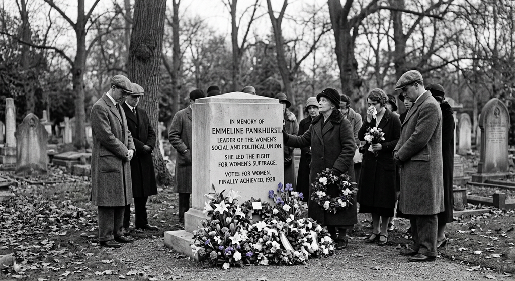 A stone memorial dedicated to Emmeline Pankhurst stands in a peaceful London cemetery surrounded by trees.