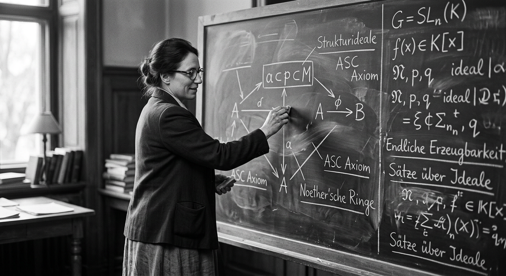Amalie Emmy Noether stands near a chalkboard showing erased algebraic formulas replaced by structural diagrams.