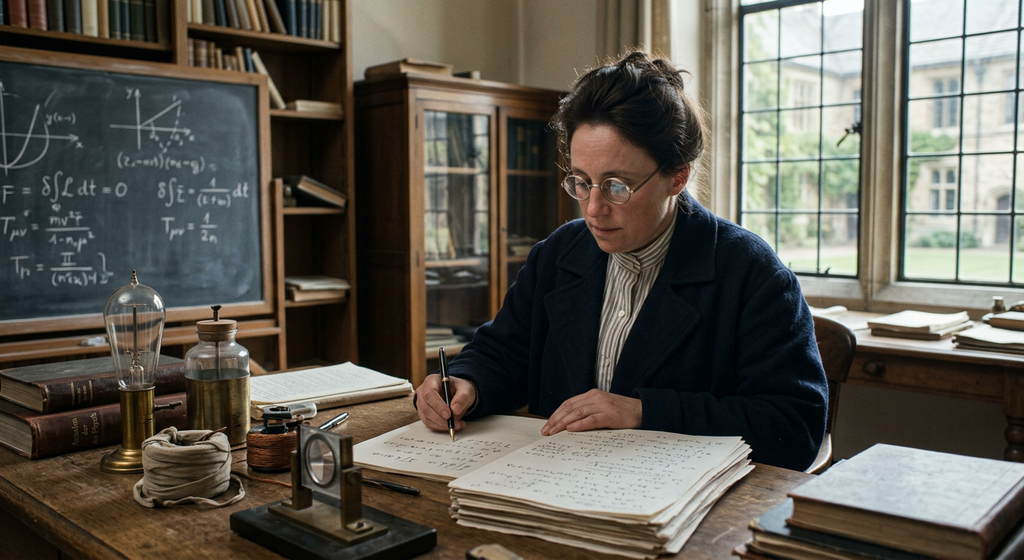 Amalie Emmy Noether works in a 1920s university office near physics instruments and mathematical manuscripts.
