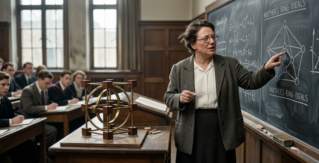 Amalie Emmy Noether stands beside a lecture podium holding a brass and wooden geometric model and white chalk.