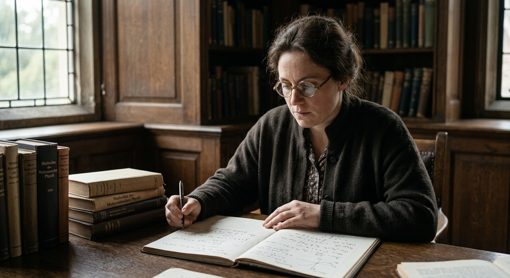 Amalie Emmy Noether sits in a library alcove near an open notebook filled with orderly mathematical notation.