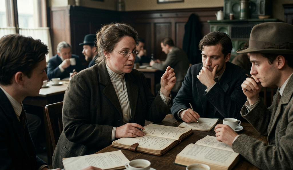 Amalie Emmy Noether sits with young students at a wooden table in a busy German café, discussing handwritten notes.