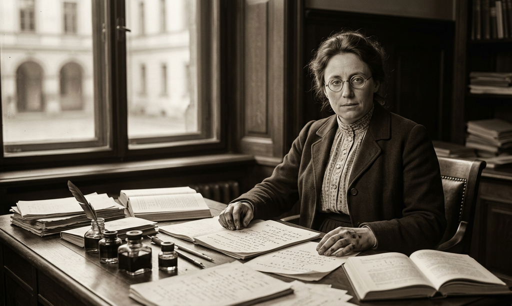 Amalie Emmy Noether, wearing thick glasses, works at a wooden desk stacked with dense mathematical calculations.